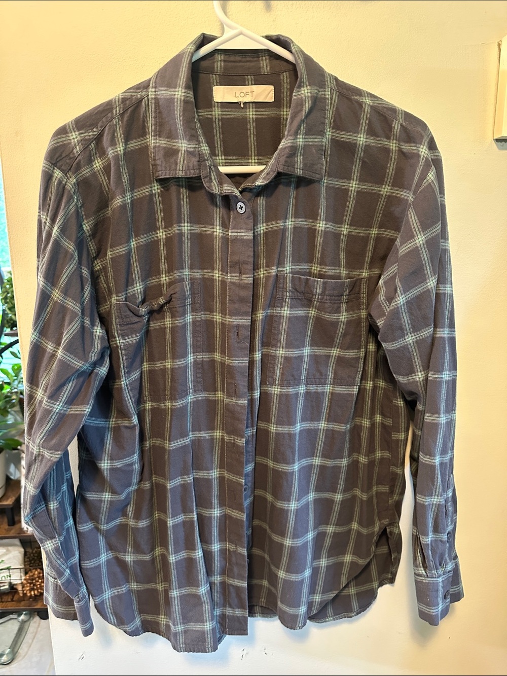 LOFT Men's Gray Plaid Button-Down Shirt with Light Blue Windowpane